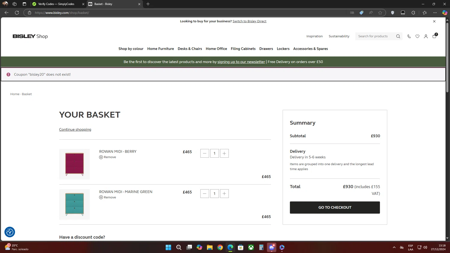 Bisley coupon code screenshot showing code BISLEY20 applied at Bisley checkout page. Uploaded by SimplyCodes community member Flores on Dec 27, 2024