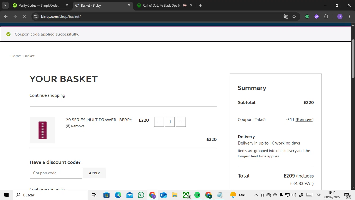Bisley coupon code screenshot showing code Take5 applied at Bisley checkout page. Uploaded by SimplyCodes community member ENCARAMESSI on Jul 8, 2025