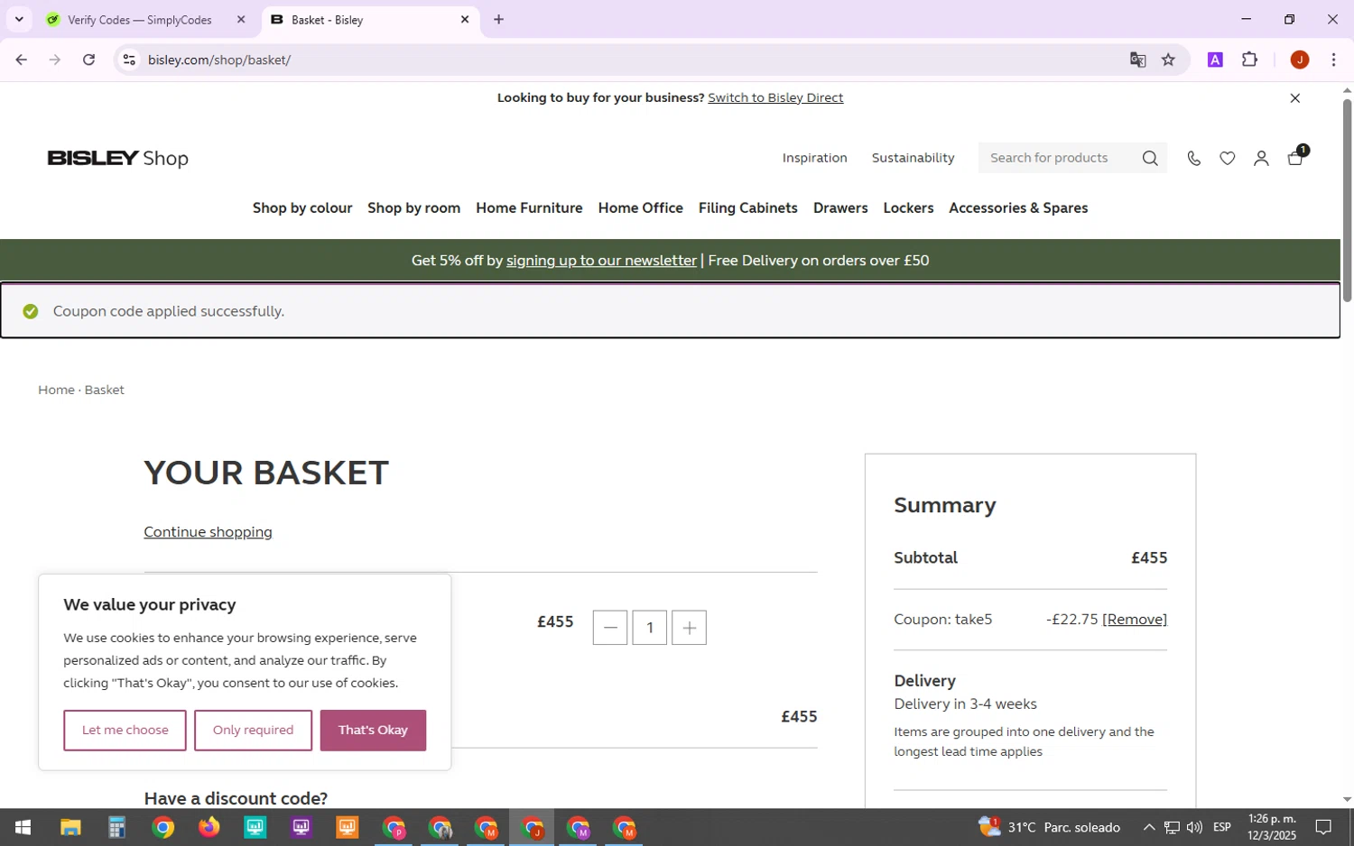 Bisley coupon code screenshot showing code Take5 applied at Bisley checkout page. Uploaded by SimplyCodes community member MarkZuckerberg on Mar 12, 2025