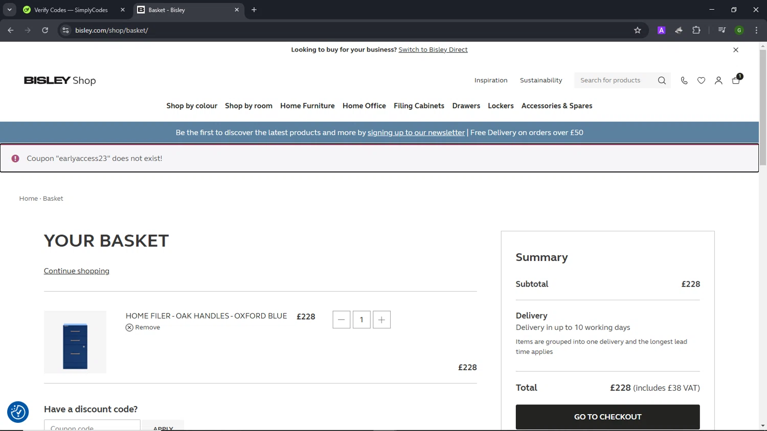 Bisley coupon code screenshot showing code EARLYACCESS23 applied at Bisley checkout page. Uploaded by SimplyCodes community member Morrachida04 on Feb 13, 2025