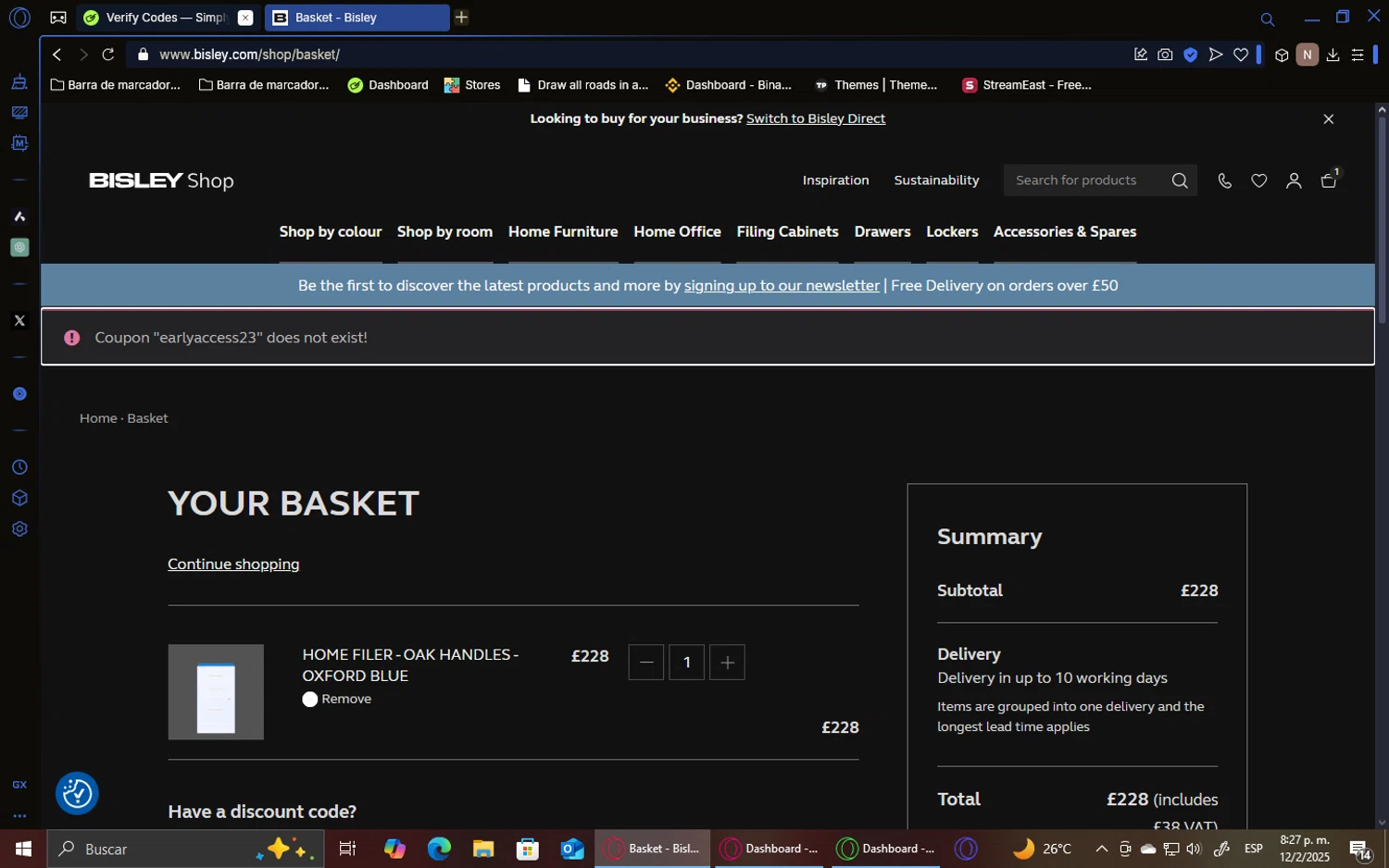 Bisley coupon code screenshot showing code EARLYACCESS23 applied at Bisley checkout page. Uploaded by SimplyCodes community member NezzNamelees on Feb 13, 2025