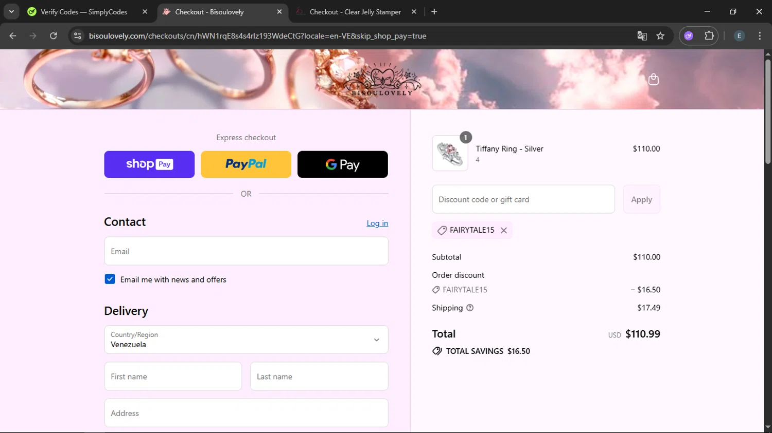 BISOULOVELY discount code screenshot showing code FAIRYTALE15 applied at BISOULOVELY checkout page. Uploaded by SimplyCodes community member LegendaryFox9861 on Aug 16, 2025