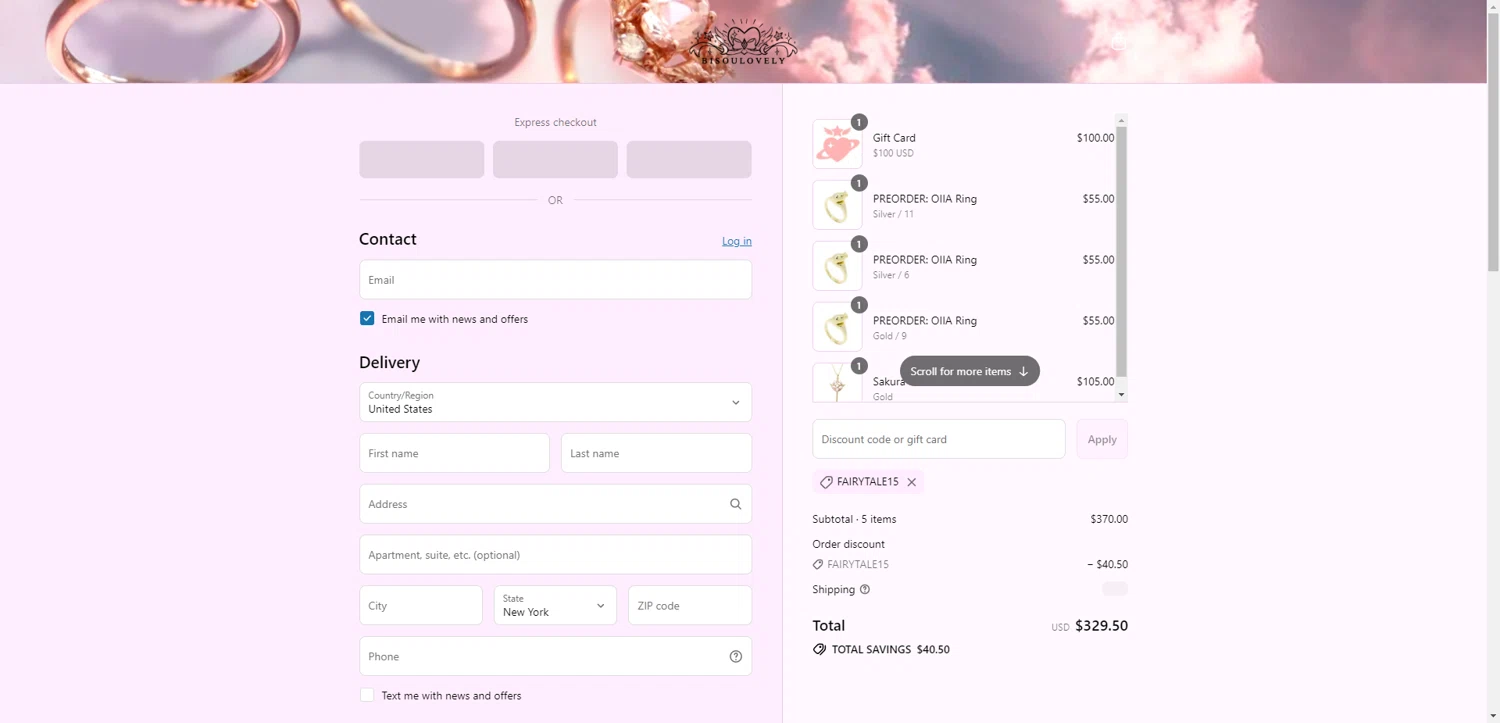 BISOULOVELY discount code screenshot showing code FAIRYTALE15 applied at BISOULOVELY checkout page. Uploaded by SimplyCodes community member PromoAdmiral6652 on Jul 9, 2025