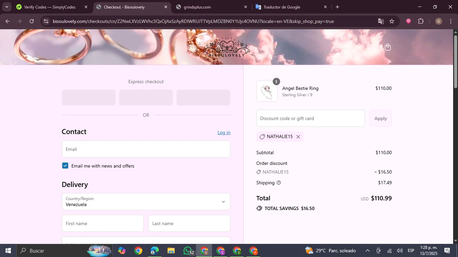 BISOULOVELY discount code screenshot showing code NATHALIE15 applied at BISOULOVELY checkout page. Uploaded by SimplyCodes community member BrilliantTracker4207 on Jul 13, 2025