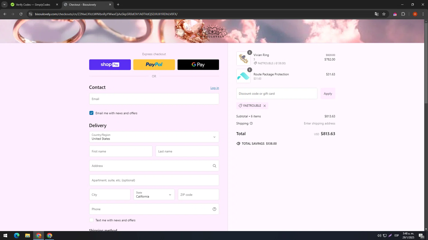 BISOULOVELY discount code screenshot showing code FAETROUBLE applied at BISOULOVELY checkout page. Uploaded by SimplyCodes community member SIMPLYCODESSS on Jan 29, 2025