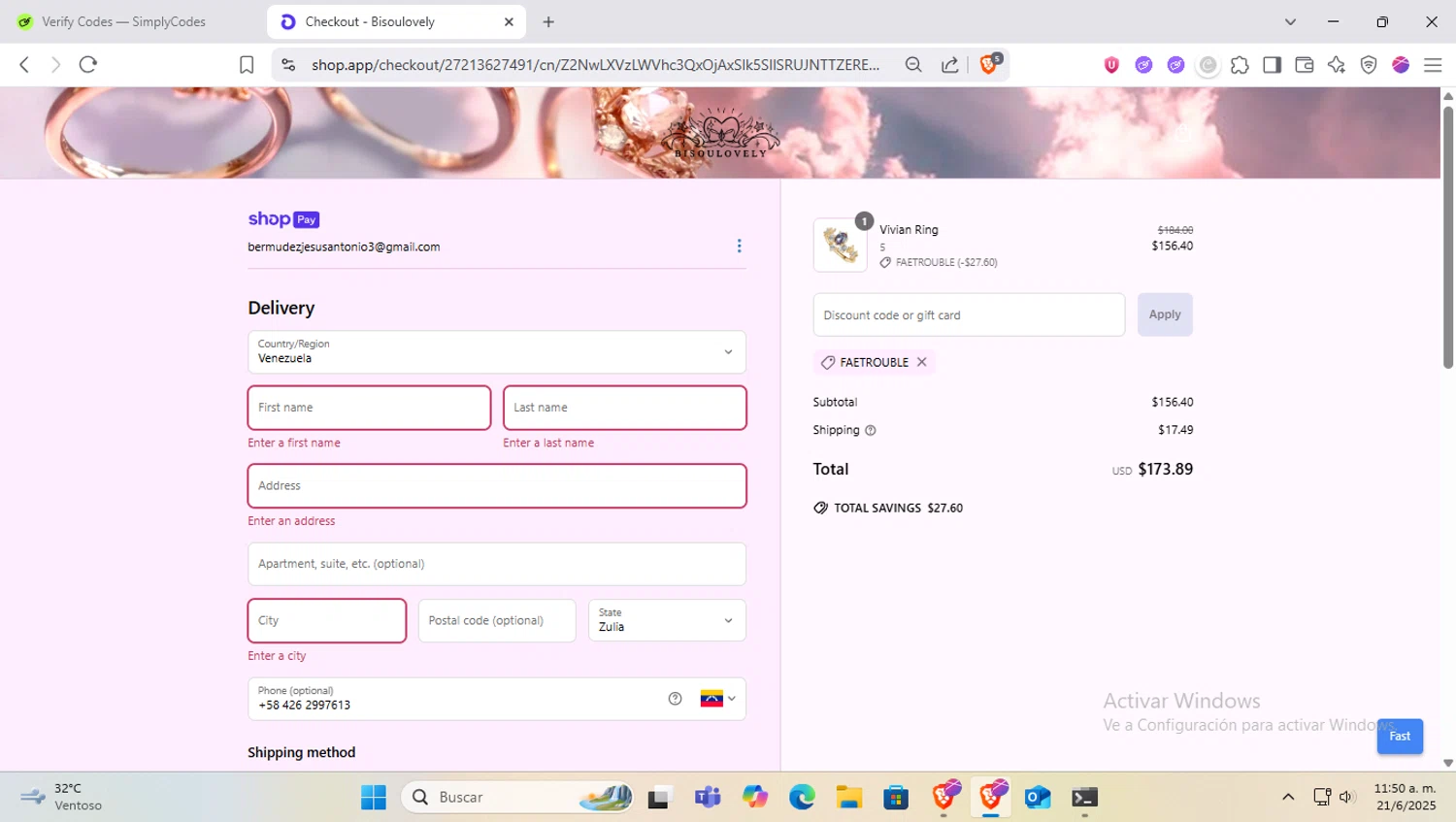 BISOULOVELY discount code screenshot showing code FAETROUBLE applied at BISOULOVELY checkout page. Uploaded by SimplyCodes community member SapeGato on Jun 21, 2025