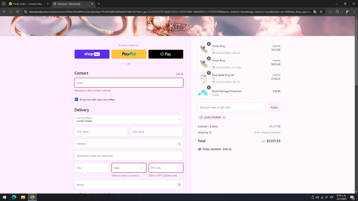 BISOULOVELY discount code screenshot showing code LOVELYDORRIE applied at BISOULOVELY checkout page. Uploaded by SimplyCodes community member hgjgjhgkgjhgjgkjghj on Jan 27, 2025