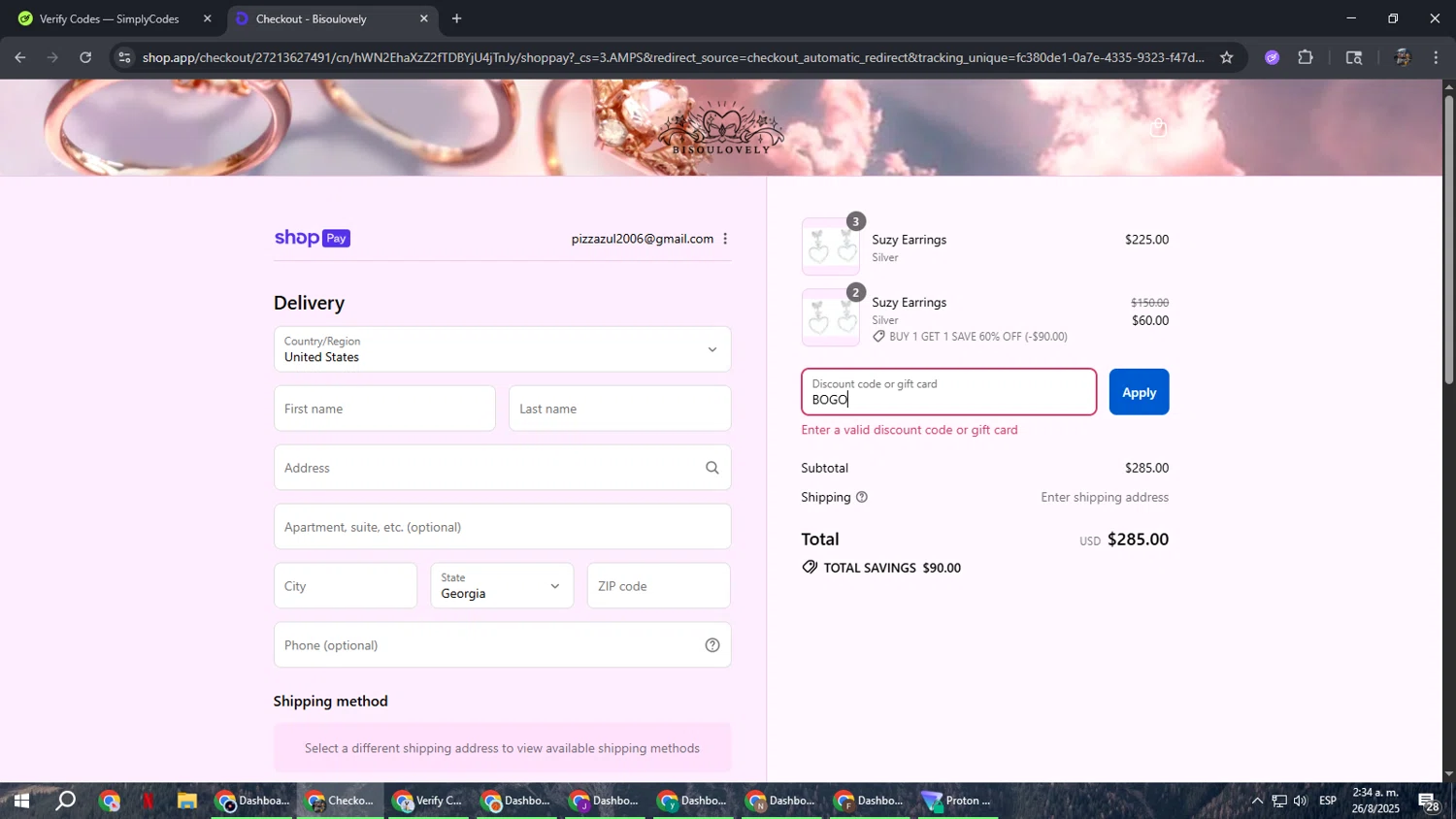 BISOULOVELY discount code screenshot showing code BOGO applied at BISOULOVELY checkout page. Uploaded by SimplyCodes community member xxdddd on Aug 26, 2025