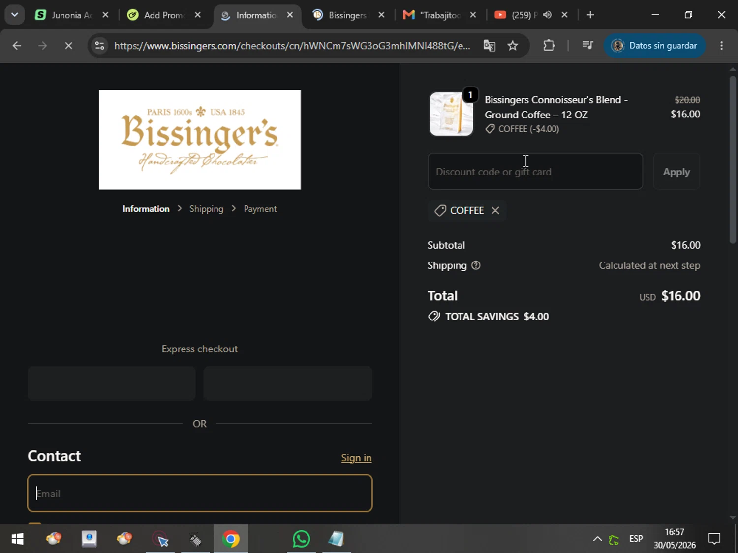 Bissinger's Handcrafted Chocolatier promo code screenshot showing code COFFEE applied at Bissinger's Handcrafted Chocolatier checkout page. Uploaded by SimplyCodes community member MarcosAranguren on May 30, 2026