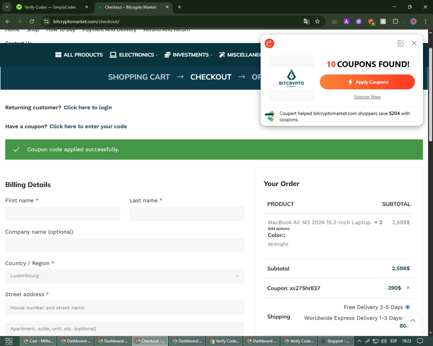 Bitcrypto Market promo code screenshot showing code XS275HR837 applied at Bitcrypto Market checkout page. Uploaded by SimplyCodes community member Robert_Williams on May 23, 2025