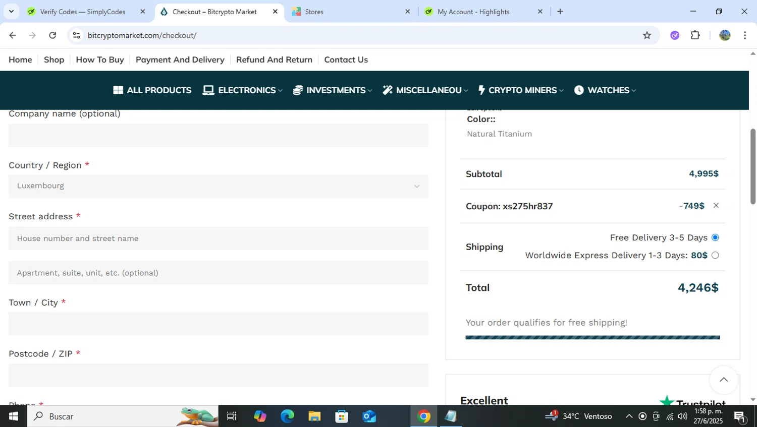 Bitcrypto Market promo code screenshot showing code XS275HR837 applied at Bitcrypto Market checkout page. Uploaded by SimplyCodes community member RoyalHero6815 on Jun 27, 2025