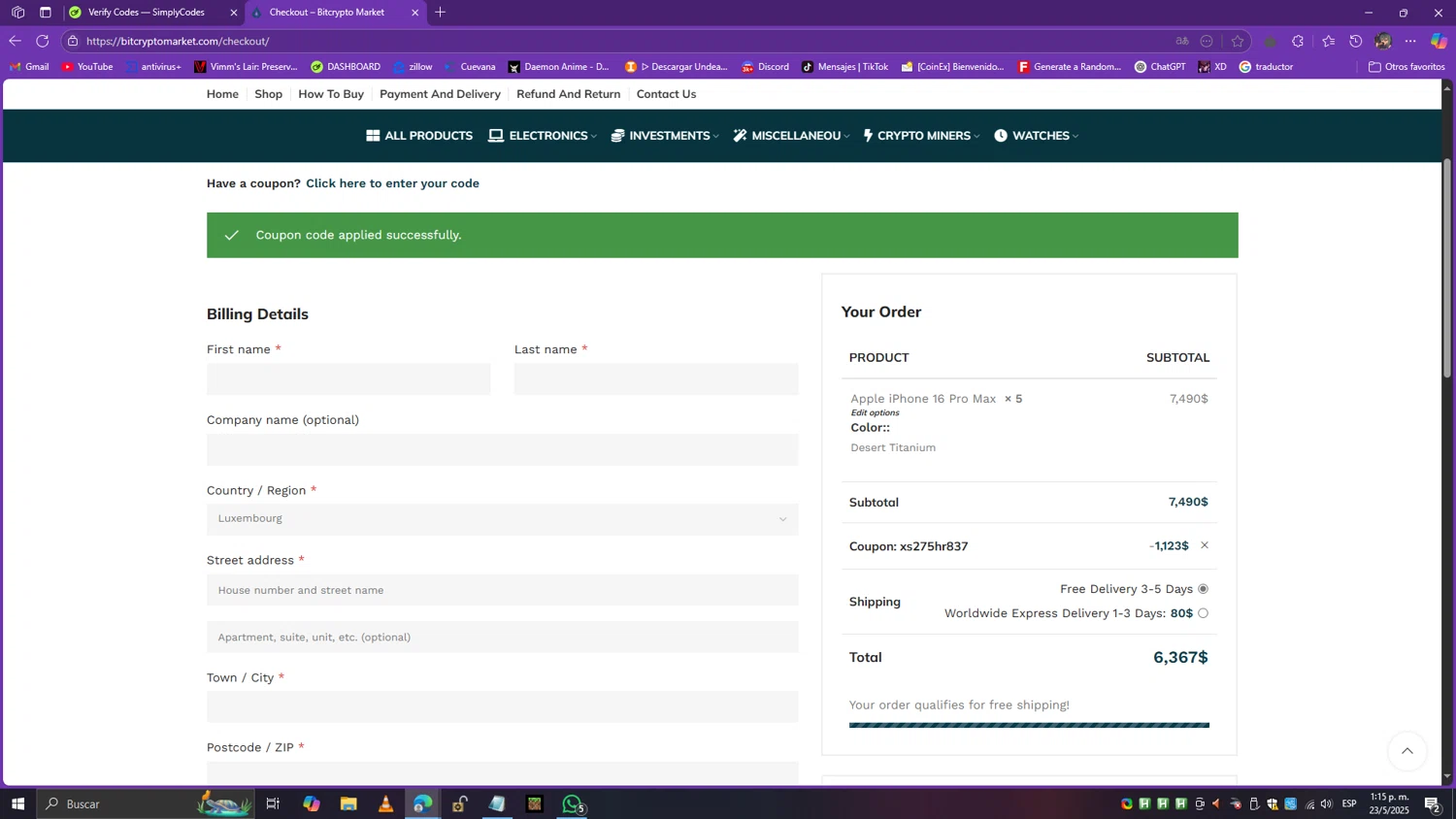 Bitcrypto Market checkout page showing Bitcrypto Market promo code box | Screenshot taken by SimplyCodes community member on May 23, 2025