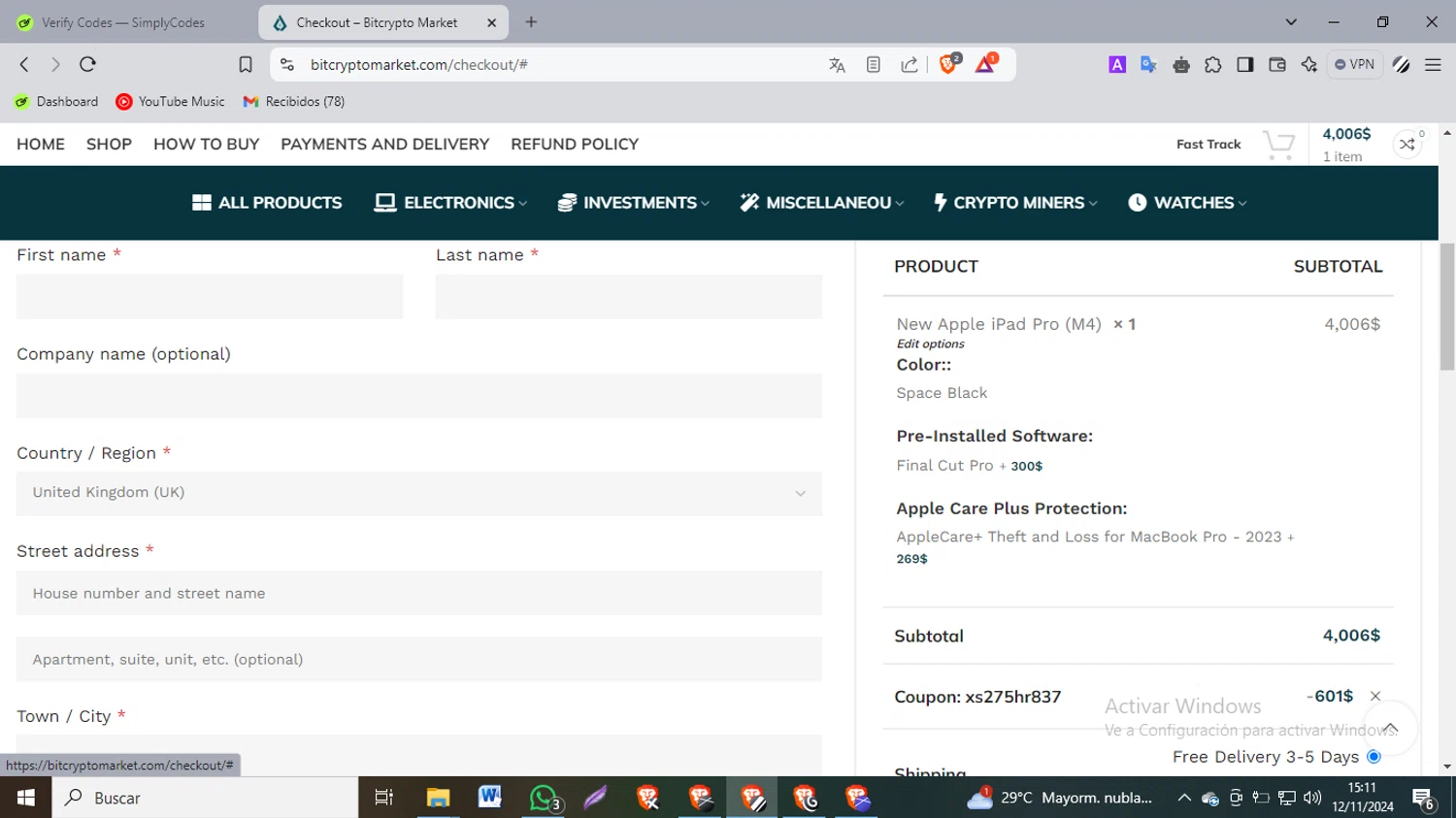 Bitcrypto Market checkout page showing Bitcrypto Market promo code box | Screenshot taken by SimplyCodes community member on Nov 12, 2024