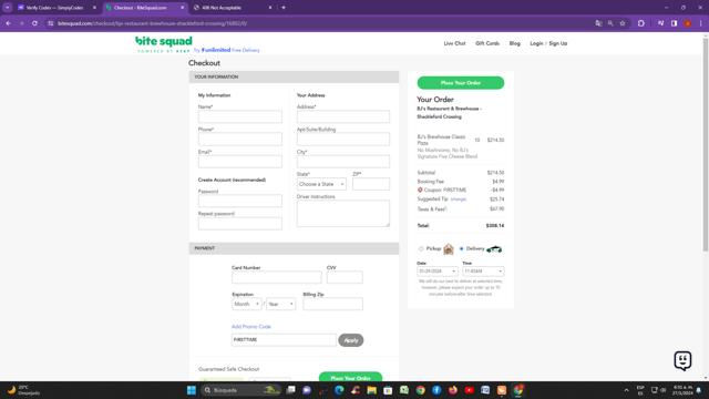 BiteSquad checkout page showing BiteSquad promo code box | Screenshot taken by SimplyCodes community member on Jan 27, 2024