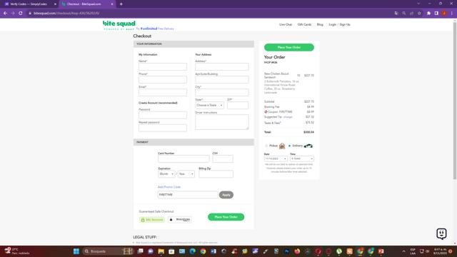 BiteSquad checkout page showing BiteSquad promo code box | Screenshot taken by SimplyCodes community member on Nov 9, 2023