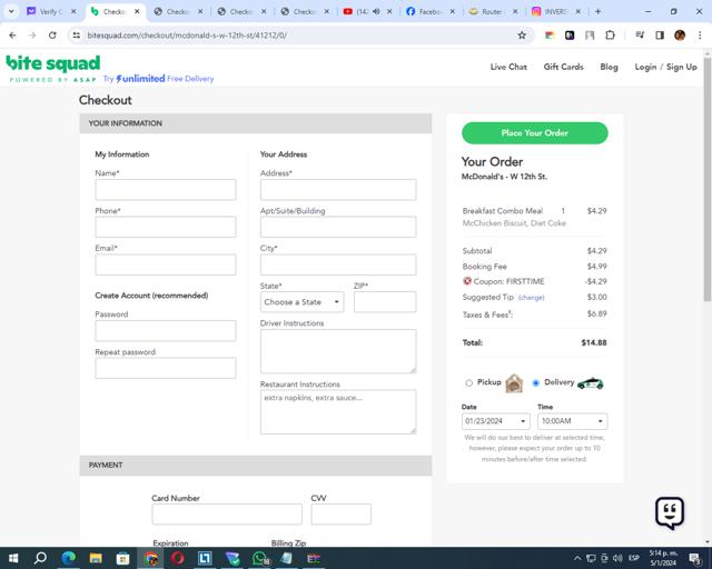BiteSquad checkout page showing BiteSquad promo code box | Screenshot taken by SimplyCodes community member on Jan 5, 2024