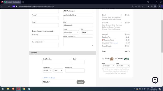 BiteSquad checkout page showing BiteSquad promo code box | Screenshot taken by SimplyCodes community member on Oct 18, 2023