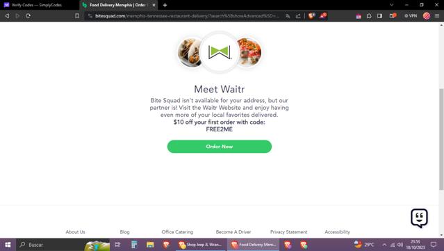 BiteSquad checkout page showing BiteSquad promo code box | Screenshot taken by SimplyCodes community member on Oct 19, 2023