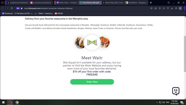 BiteSquad checkout page showing BiteSquad promo code box | Screenshot taken by SimplyCodes community member on Oct 30, 2023