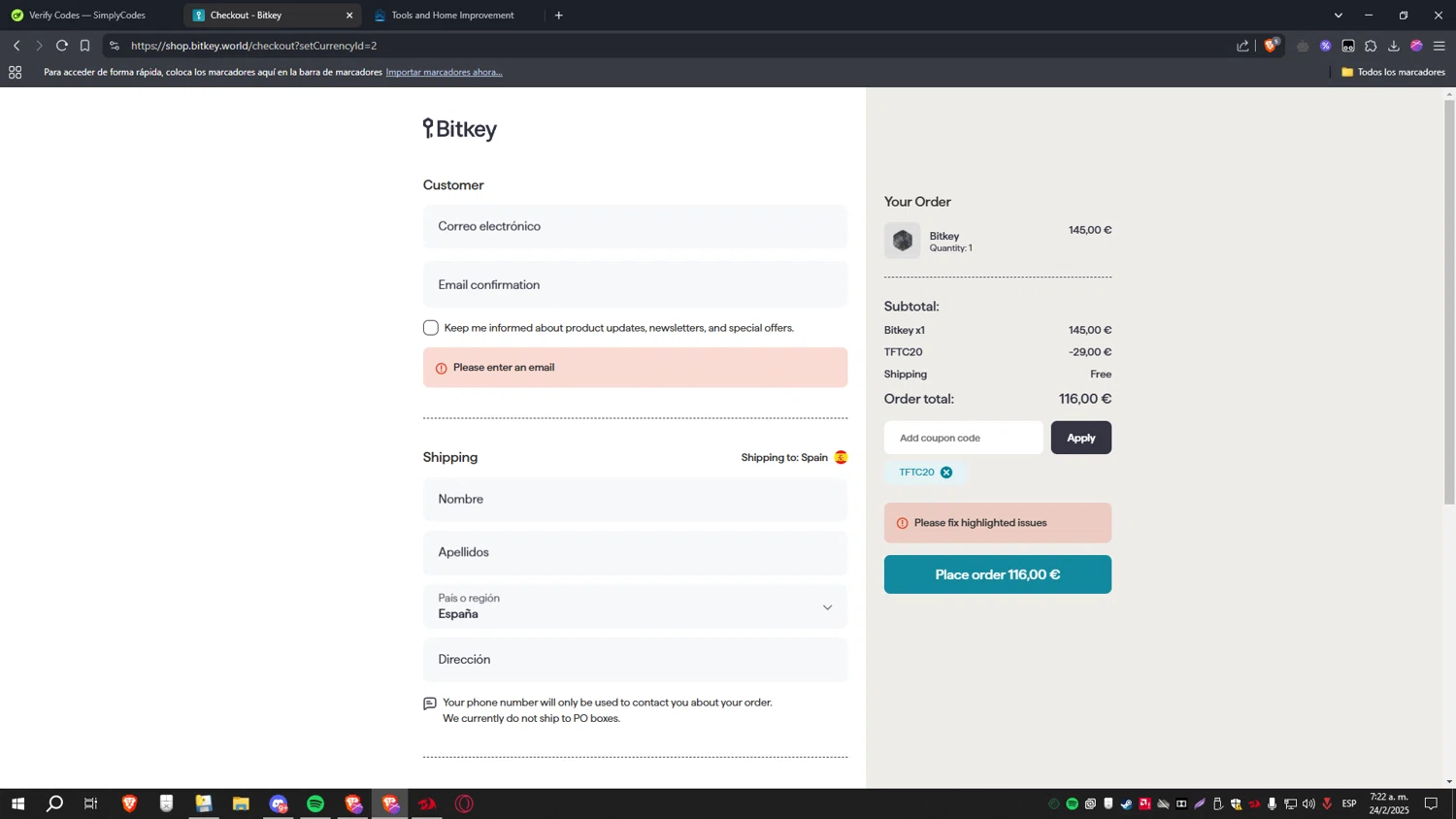 Bitkey checkout page showing Bitkey coupon code box | Screenshot taken by SimplyCodes community member on Feb 24, 2025