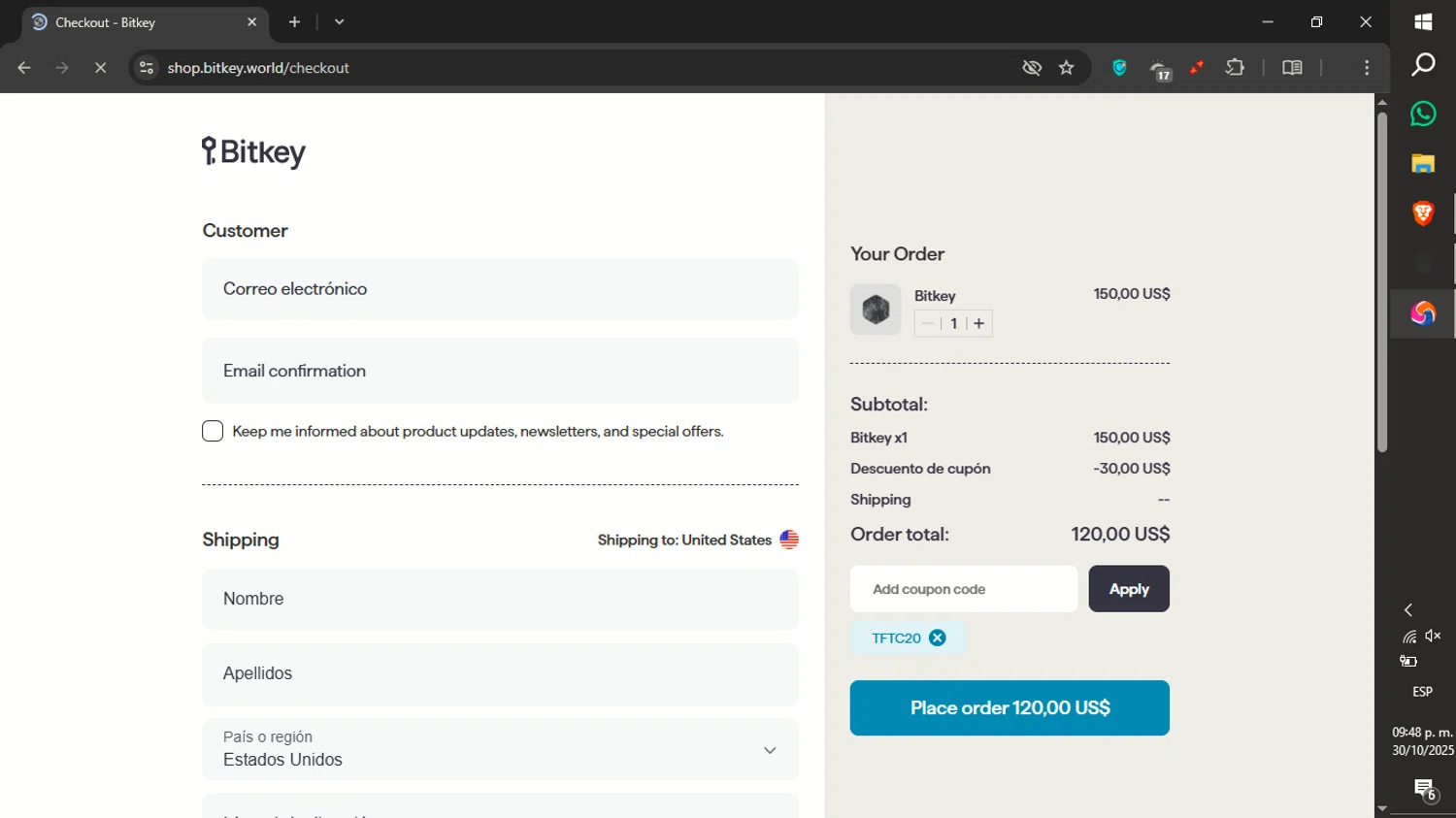 Bitkey coupon code screenshot showing code TFTC20 applied at Bitkey checkout page. Uploaded by SimplyCodes community member xXdevoragoticas69Xx on Oct 31, 2025