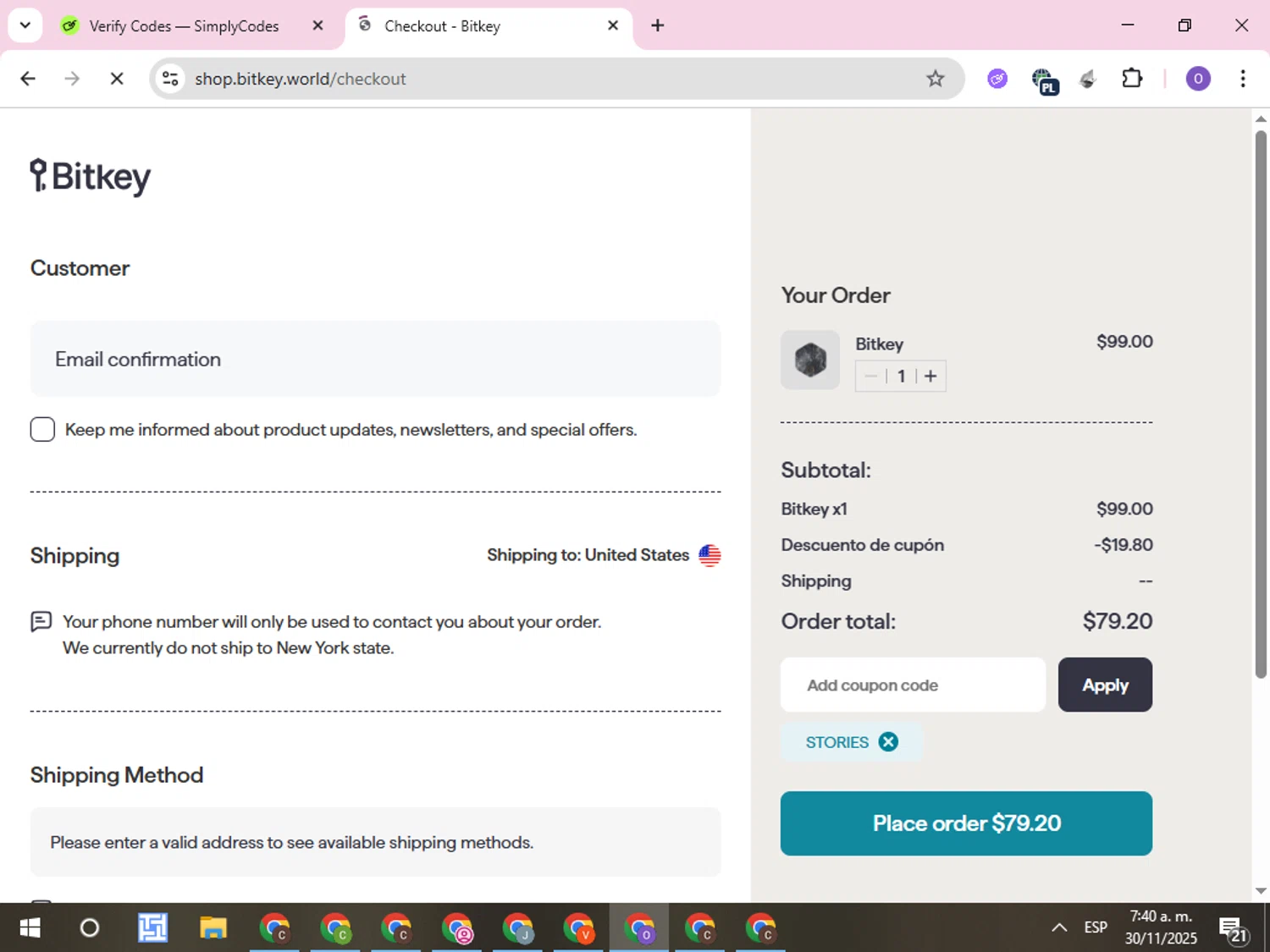 Bitkey coupon code screenshot showing code STORIES applied at Bitkey checkout page. Uploaded by SimplyCodes community member CleverLynx8245 on Nov 30, 2025