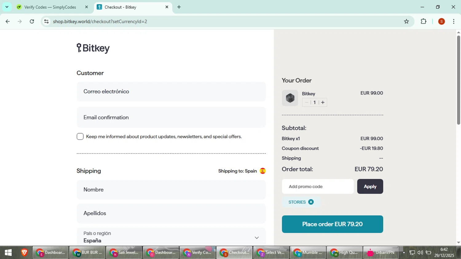 Bitkey coupon code screenshot showing code STORIES applied at Bitkey checkout page. Uploaded by SimplyCodes community member CleverTiger4265 on Dec 29, 2025