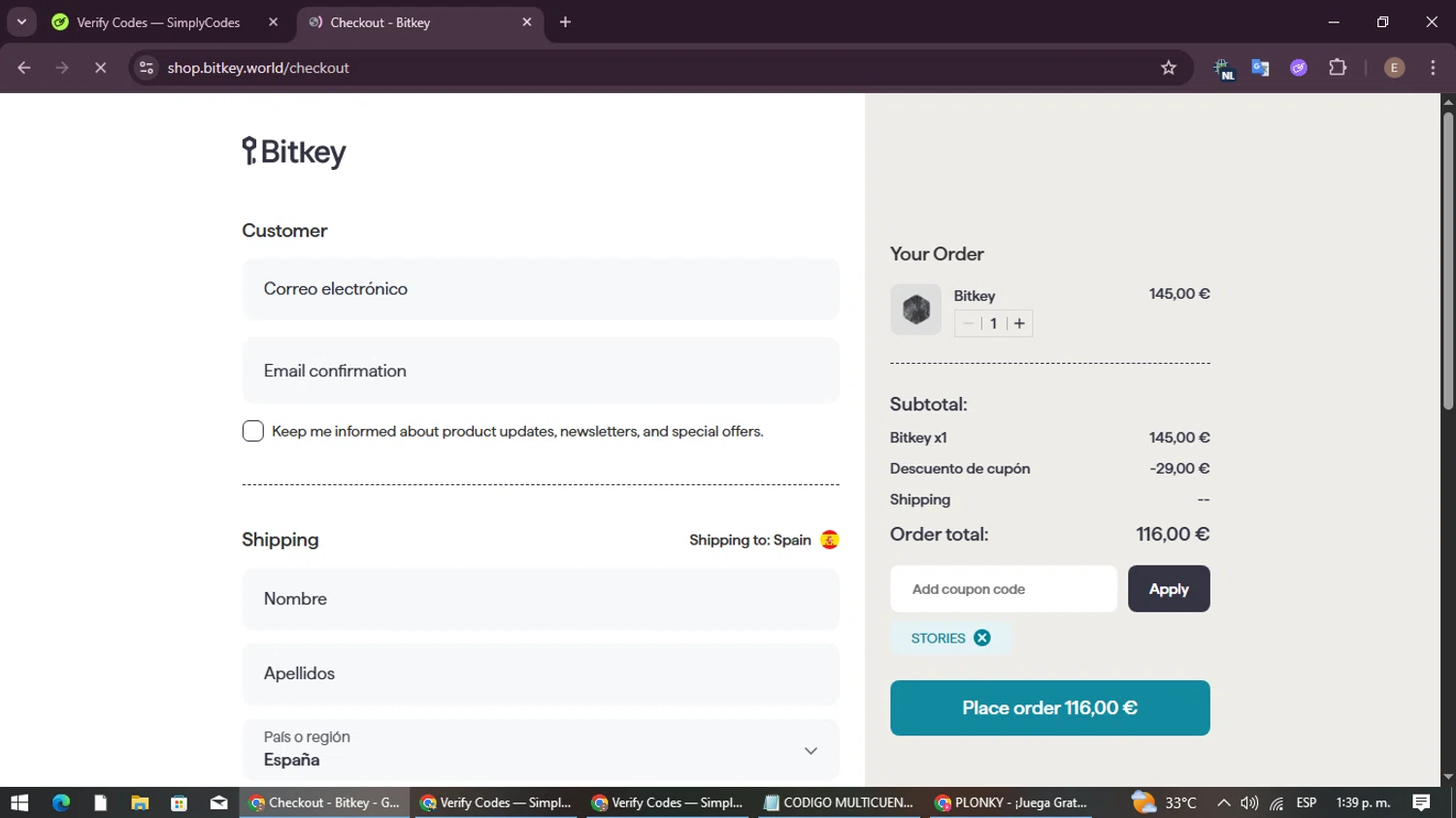 Bitkey coupon code screenshot showing code STORIES applied at Bitkey checkout page. Uploaded by SimplyCodes community member ExtraordinaryBoss3426 on Nov 1, 2025