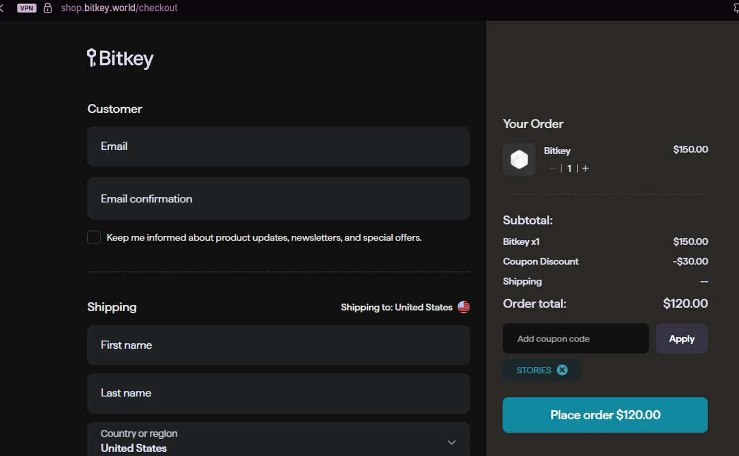 Bitkey checkout page showing Bitkey coupon code box | Screenshot taken by SimplyCodes community member on Oct 3, 2025