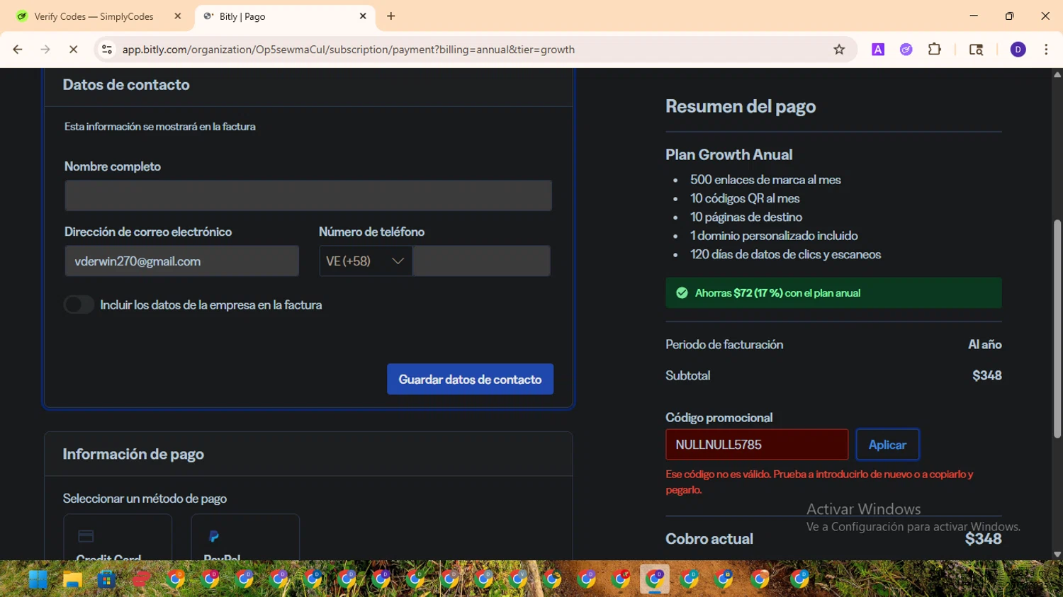 Bitly promo code screenshot showing code NULLNULL5785 applied at Bitly checkout page. Uploaded by SimplyCodes community member MagnificentFinder9583 on May 28, 2025
