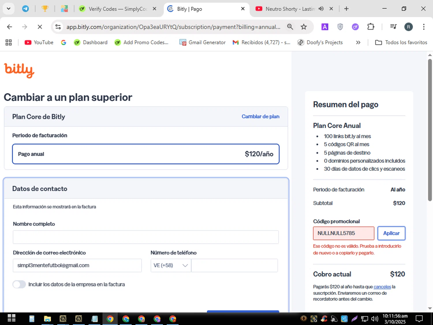 Bitly promo code screenshot showing code NULLNULL5785 applied at Bitly checkout page. Uploaded by SimplyCodes community member PennyWizard7963 on Oct 3, 2025