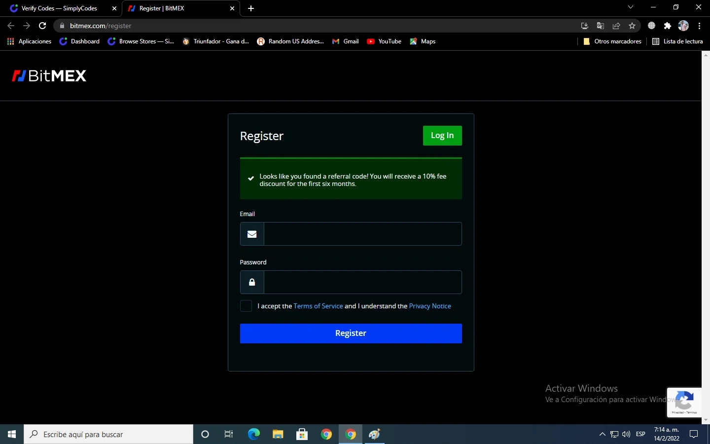 BitMEX checkout page showing BitMEX promo code box | Screenshot taken by SimplyCodes community member on Feb 14, 2022