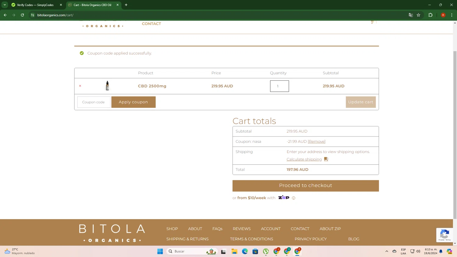 Bitola Organics checkout page showing Bitola Organics promo code box | Screenshot taken by SimplyCodes community member on Jun 19, 2024