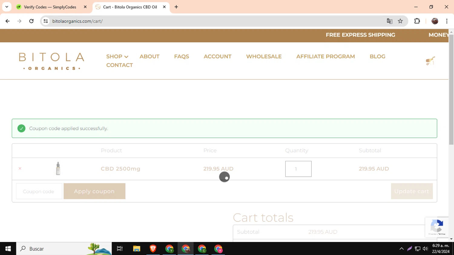 Bitola Organics checkout page showing Bitola Organics promo code box | Screenshot taken by SimplyCodes community member on Apr 22, 2024