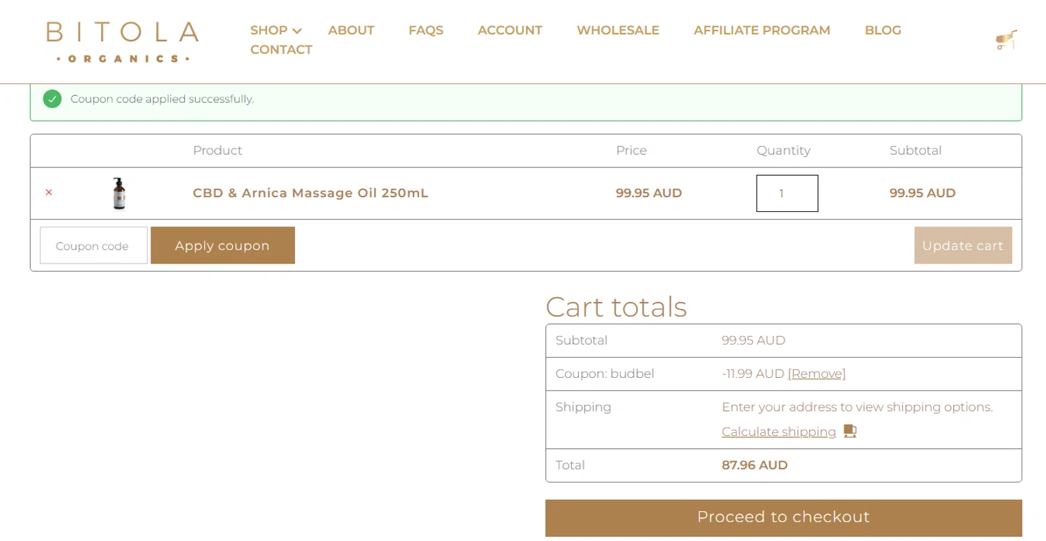 Bitola Organics checkout page showing Bitola Organics promo code box | Screenshot taken by SimplyCodes community member on Apr 22, 2024