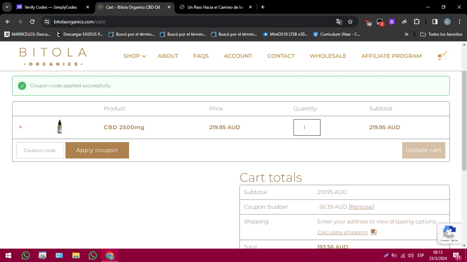 Bitola Organics checkout page showing Bitola Organics promo code box | Screenshot taken by SimplyCodes community member on Mar 24, 2024