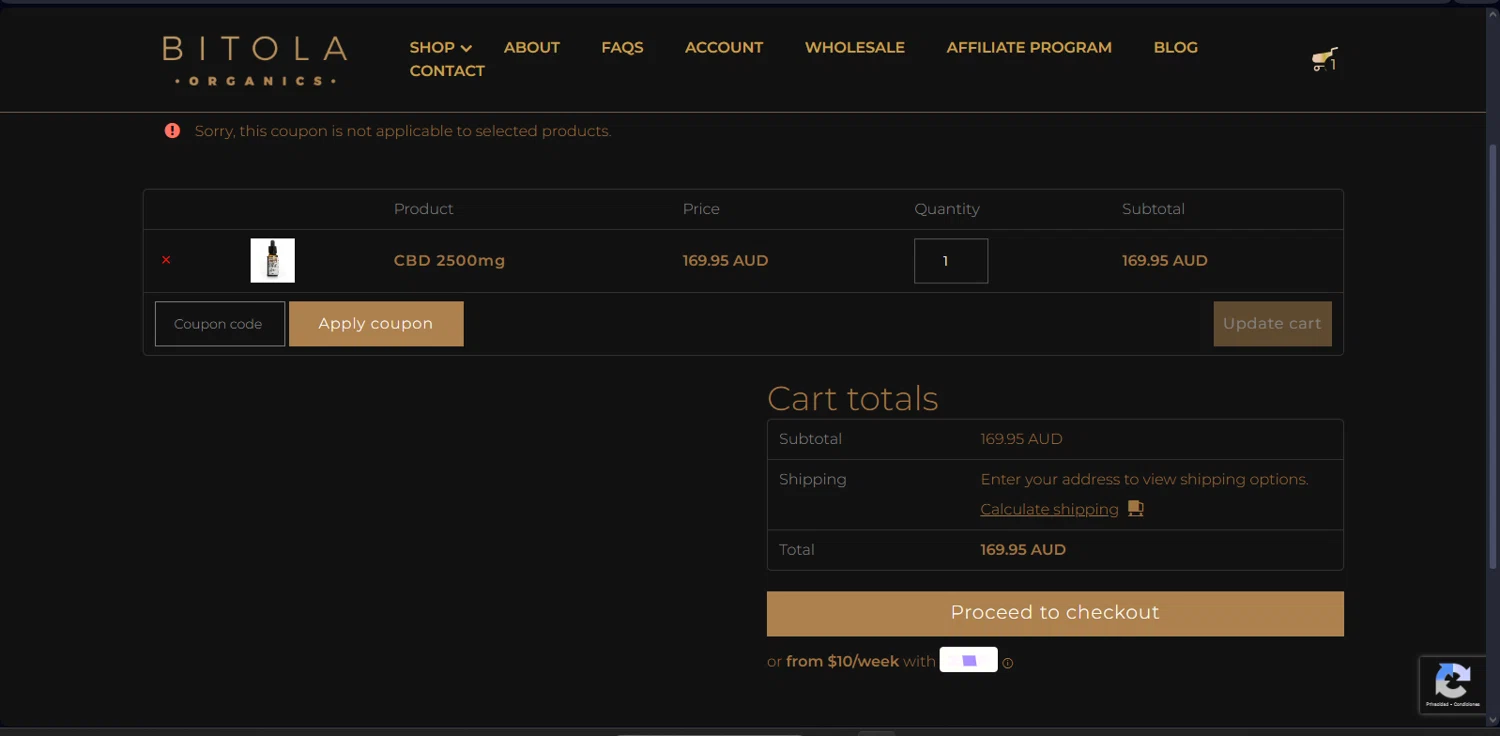Bitola Organics checkout page showing Bitola Organics promo code box | Screenshot taken by SimplyCodes community member on Jun 12, 2024