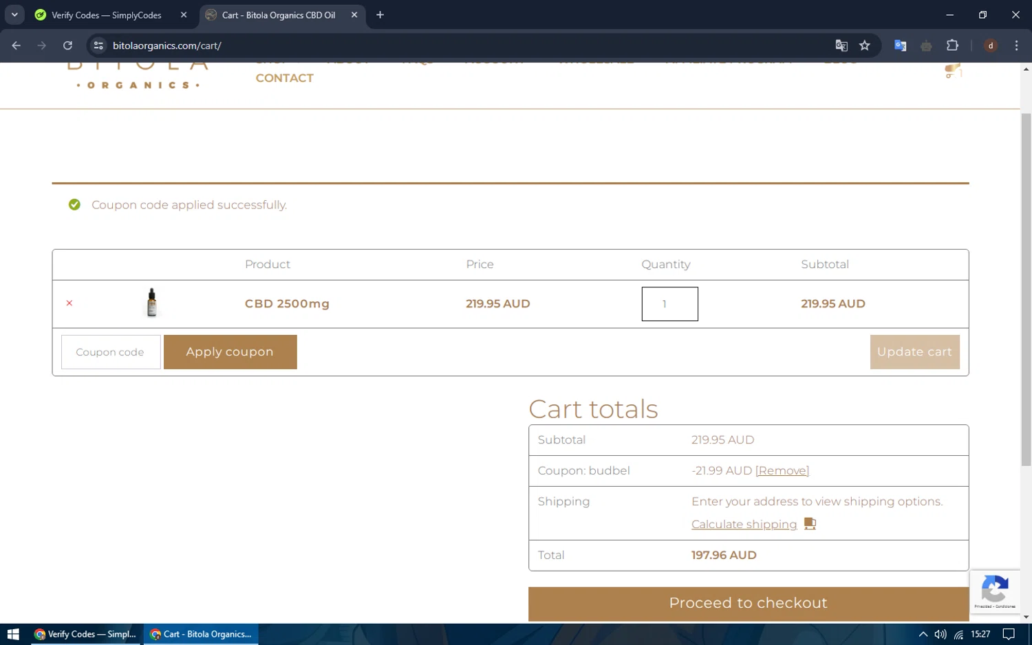 Bitola Organics checkout page showing Bitola Organics promo code box | Screenshot taken by SimplyCodes community member on Jul 11, 2024