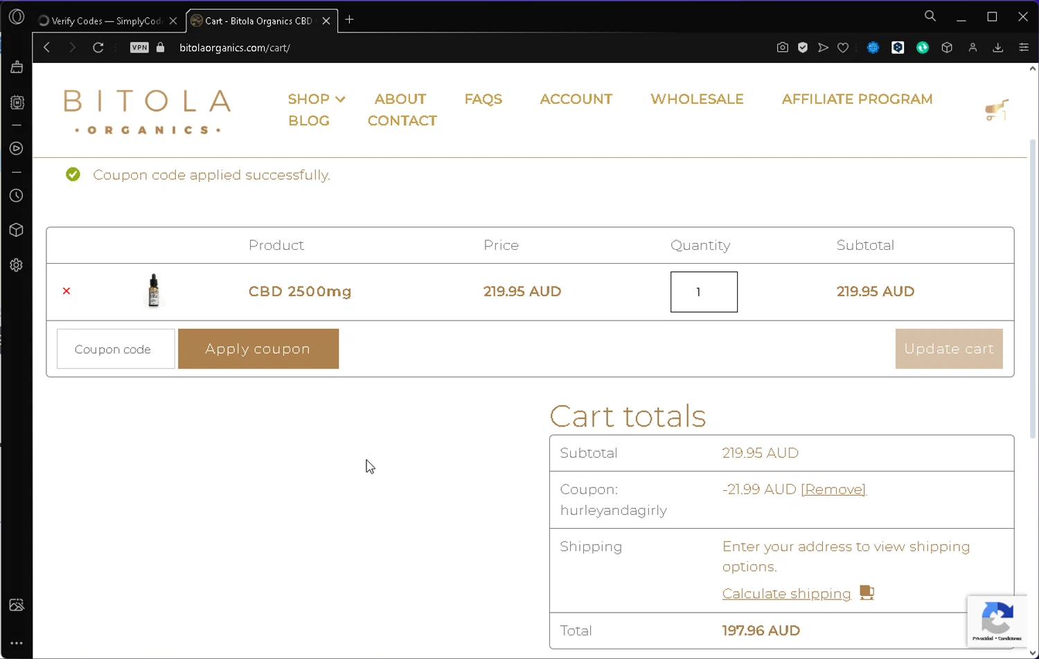 Bitola Organics checkout page showing Bitola Organics promo code box | Screenshot taken by SimplyCodes community member on Aug 3, 2024