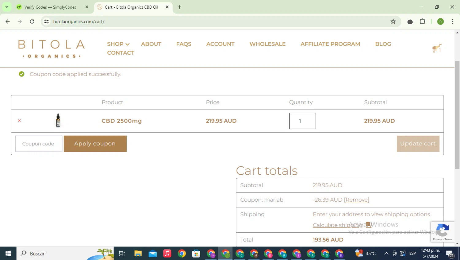 Bitola Organics checkout page showing Bitola Organics promo code box | Screenshot taken by SimplyCodes community member on Jul 5, 2024