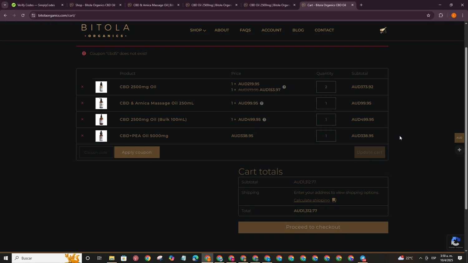 Bitola Organics promo code screenshot showing code CBD5 applied at Bitola Organics checkout page. Uploaded by SimplyCodes community member PrimeCaptain3418 on Apr 10, 2025