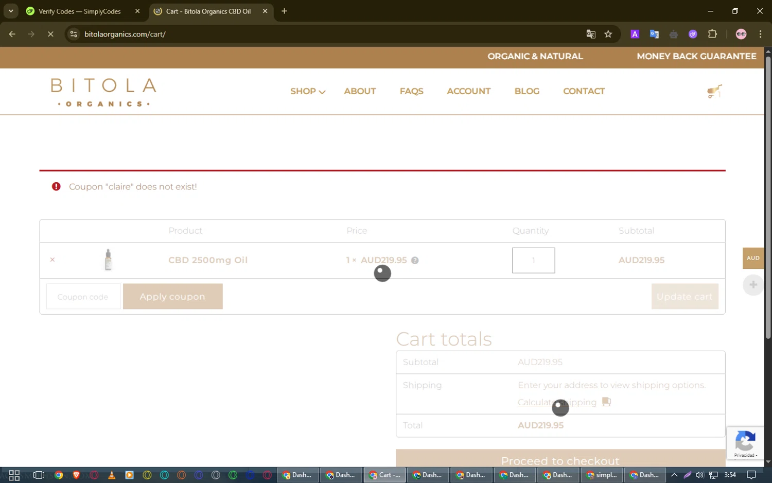 Bitola Organics promo code screenshot showing code CLAIRE applied at Bitola Organics checkout page. Uploaded by SimplyCodes community member SmartElite7457 on Apr 10, 2025