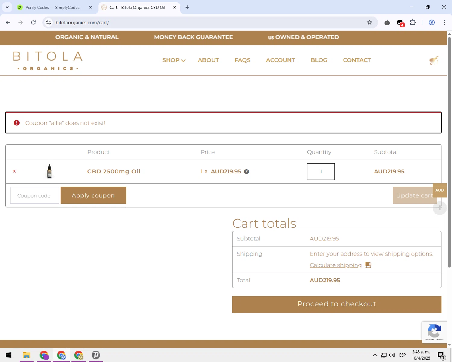 Bitola Organics promo code screenshot showing code ALLIE applied at Bitola Organics checkout page. Uploaded by SimplyCodes community member balance888 on Apr 10, 2025