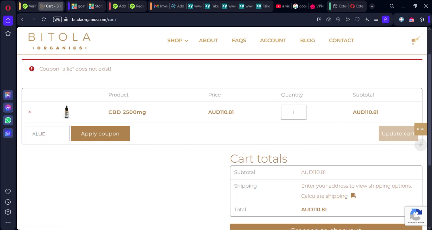 Bitola Organics promo code screenshot showing code ALLIE applied at Bitola Organics checkout page. Uploaded by SimplyCodes community member Norman_KSD on Jan 2, 2025