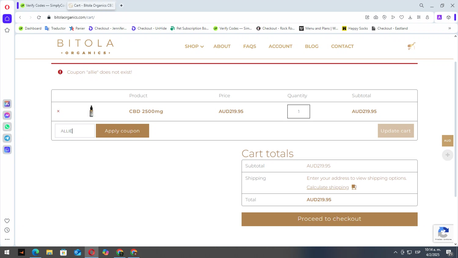 Bitola Organics promo code screenshot showing code ALLIE applied at Bitola Organics checkout page. Uploaded by SimplyCodes community member elbicho22 on Feb 4, 2025