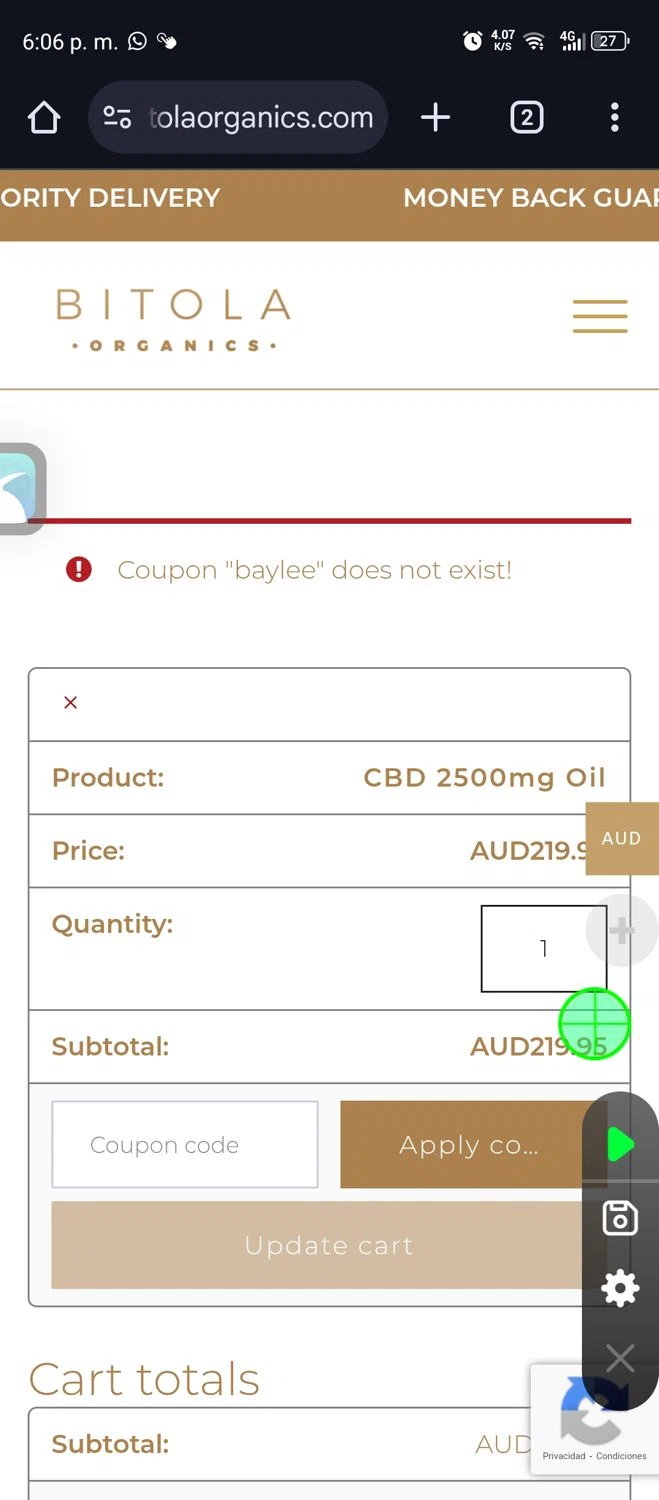 Bitola Organics promo code screenshot showing code BAYLEE applied at Bitola Organics checkout page. Uploaded by SimplyCodes community member GumballWatterson on Feb 26, 2025