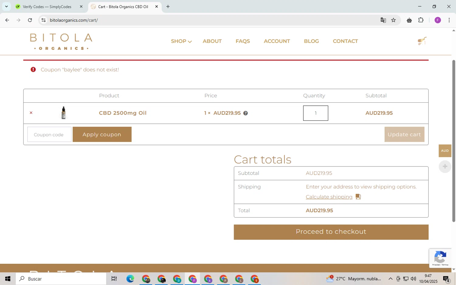Bitola Organics promo code screenshot showing code BAYLEE applied at Bitola Organics checkout page. Uploaded by SimplyCodes community member CleverSpotter6431 on Apr 10, 2025