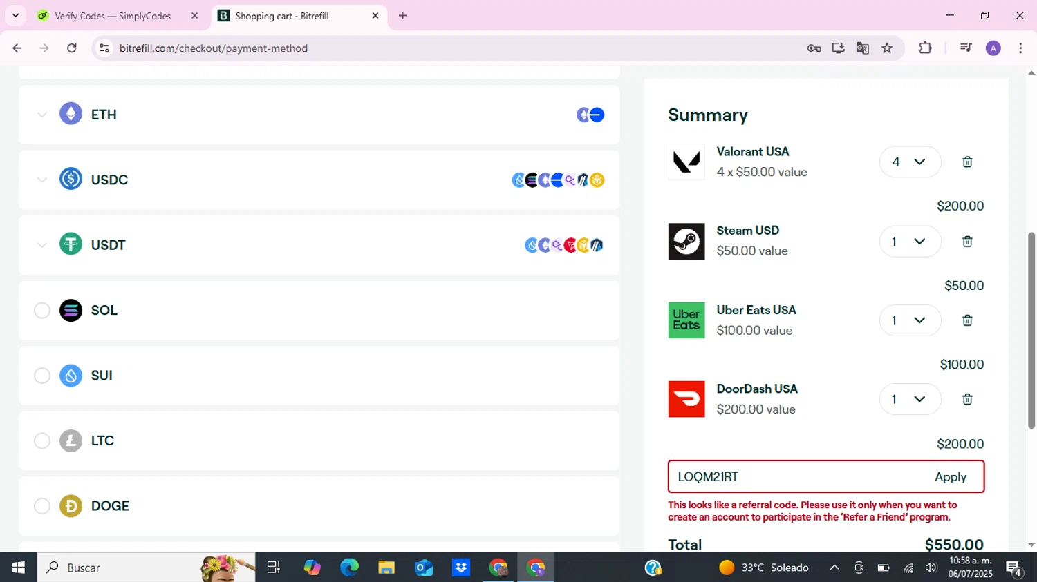 Bitrefill promo code screenshot showing code loqm21rt applied at Bitrefill checkout page. Uploaded by SimplyCodes community member QuestScout5569 on Jul 6, 2025