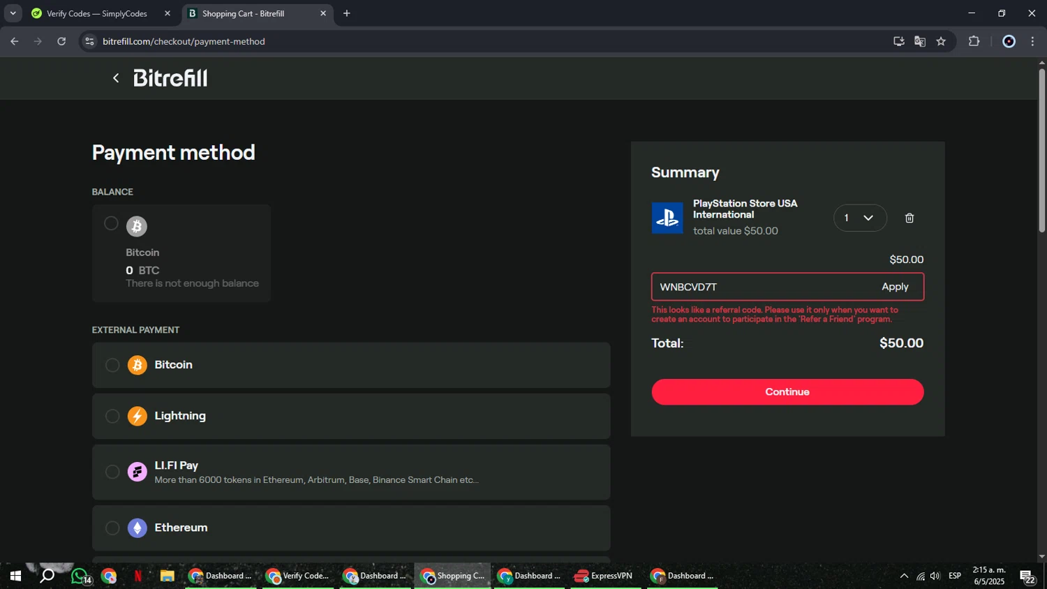 Bitrefill checkout page showing Bitrefill promo code box | Screenshot taken by SimplyCodes community member on May 6, 2025