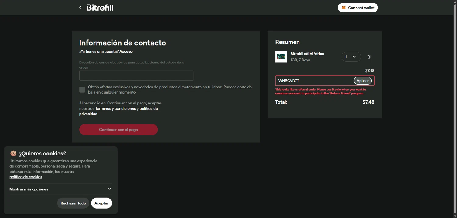 Bitrefill promo code screenshot showing code wnbcvd7t applied at Bitrefill checkout page. Uploaded by SimplyCodes community member ShieldMaverick9079 on Jul 6, 2025
